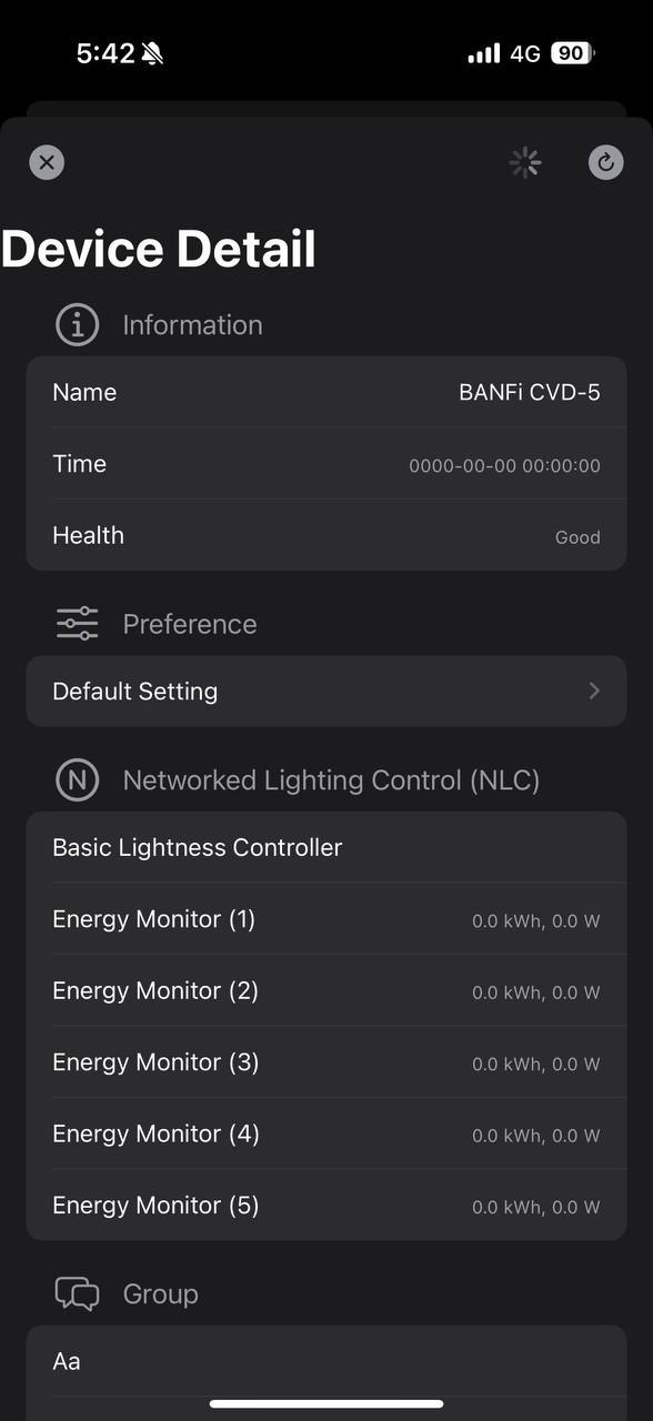 BANFi ONE App 裝置細節與 NLC 能耗監控畫面