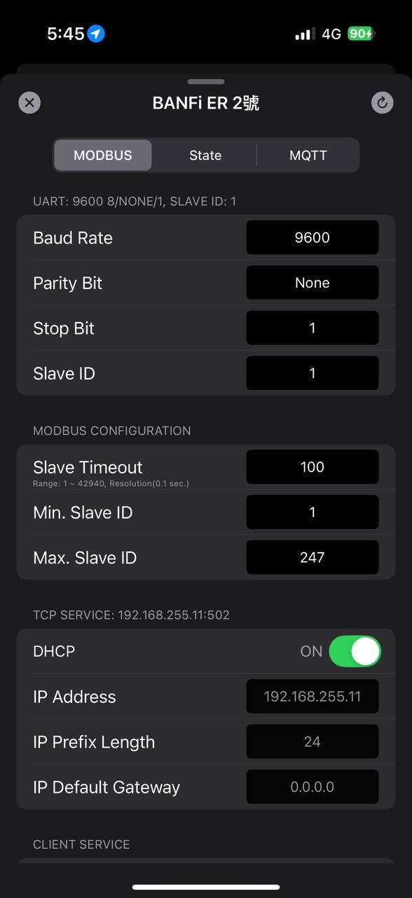 BANFi ONE App 中的 Modbus RTU 與 TCP 設定畫面